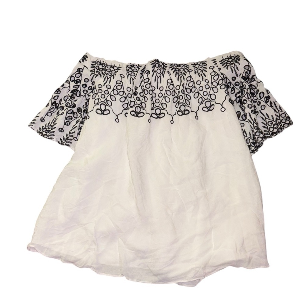 Gibson Latimer boho Embroidered Ruffle Off The Shoulder White Crepe Blouse